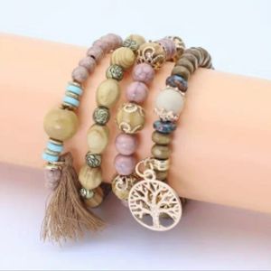 Stackable Beaded Stretch Bracelet Set Brown Pink Wooden Gold Tree of Life